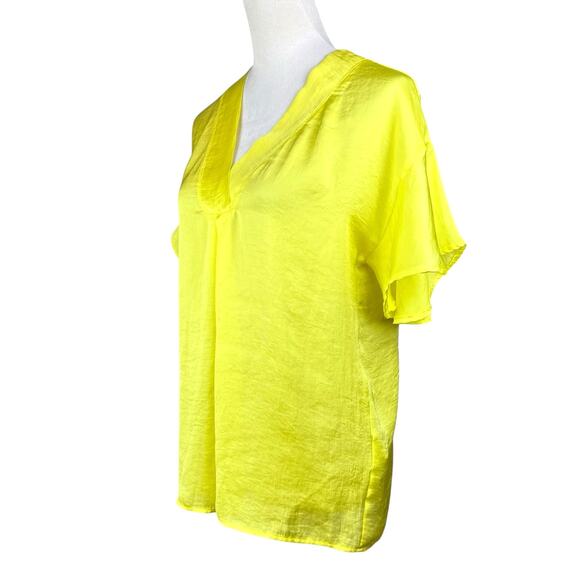 Ivy Jane Bright Neon Yellow Satin V-neck Flutter Short Sleeve Blouse - Picture 2 of 13